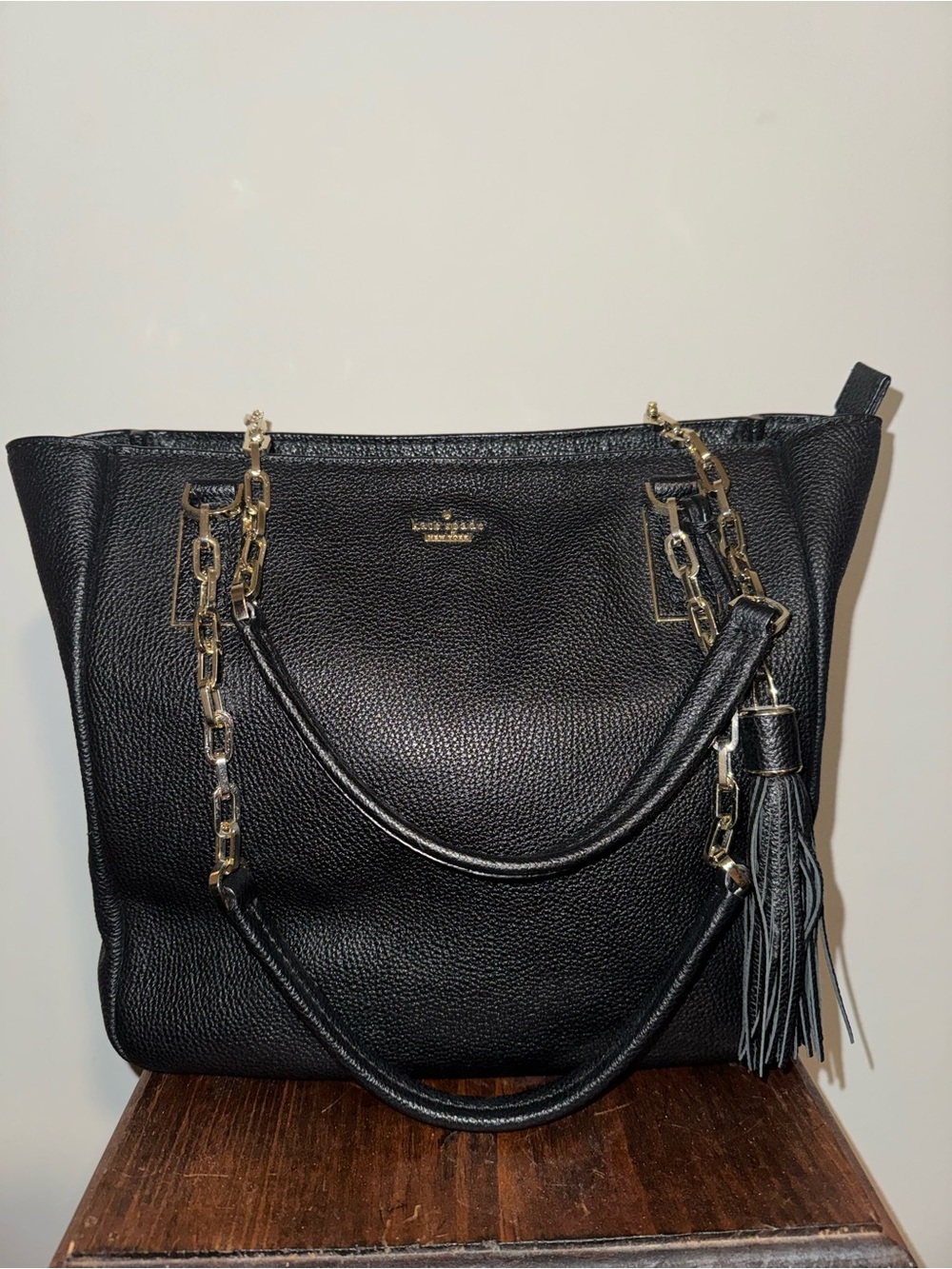 kate spade Black Pebbled Leather Shoulder Tote with Gold Chain & Tassel